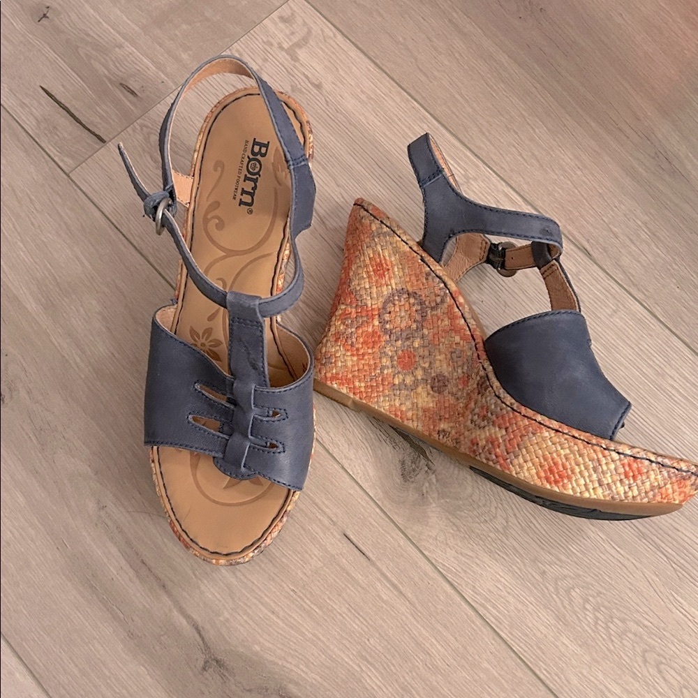Born Navy + Floral Leather T-Strap Wedge Boho Sandals